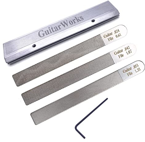 TUOREN Juego de limas de tuercas de guitarra (.024-1.35) de doble filo con soporte de abrazadera, herramienta Luthier para guitarras acústicas