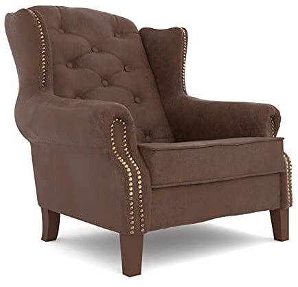 S-Style Möbel Sargans Chesterfield Sessel Ohrensessel Für Wohnzimmer Schlafzimmer Louge Büro Loungesessel Polstersessel Cocktailsessel Holzbeine Öko Leder Braun 102 x 93 x 102 cm