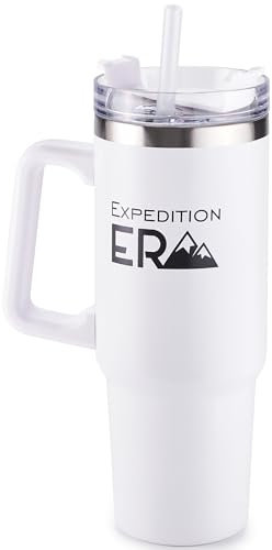 ExpeditionEra Termo Cafe - Taza Térmica 880ml - Botella Agua Acero Inoxidable - Vaso Térmico con Asa y Pajita - Botella Termica - Termo Cafe Para llevar - Taza Aislada Al Vacío - sin BPA (Blanco)