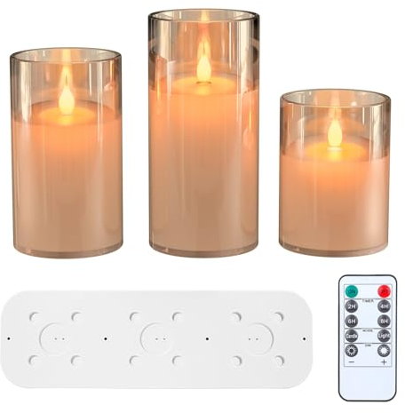 EXTSUD Bougies LED Sans Flamme Rechargeable avec Station de Charge et Télécommande, Lot de 3 Bougies Décoratives Clignotante en Verre avec Minuterie pour Fête, Anniversaire, Mariage (Marron)