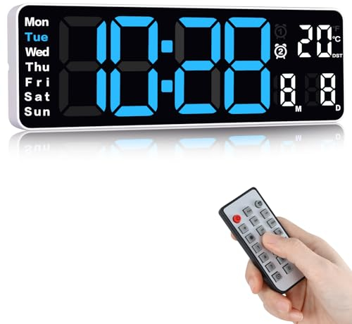 Fuloon Digitale Wanduhr,USB Wanduhr mit 13-Zoll-Großdisplay,LED-Digitaluhr mit Fernbedienung,Timing und Countdown,digitaler Wecker mit Datum,Woche,Temperatur (Blau, 13 Zoll)