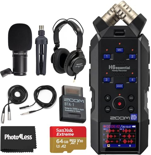 Zoom H6essential Handliches Rekorder-Set mit Zoom ZDM-1 Podcast-Mikrofon-Set mit Kopfhörern, Windschutzscheibe, XLR-Kabel und Tischständer, Zoom BTA-1 Bluetooth-Adapter und 64 GB
