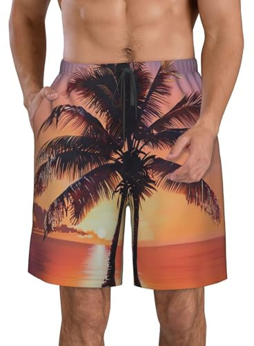 Sunset Palm Print Costume da bagno da uomo ad asciugatura rapida pantaloncini da spiaggia con tasche fodera costumi da bagno pantaloncini da bagno, Bianco, M