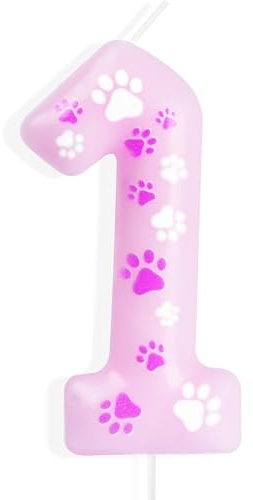 mciskin Pink Dog Paw Birthday Candles,Boy Girl 1st Birthday Decoration,Pink Birthday Number Candles,Cute Paw Print Number 1 Candles for Cake,Dog Party Cake Decorations, Pet Themed Party Supplies