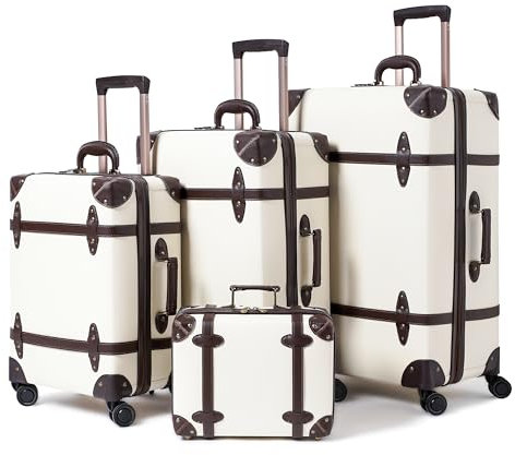 Urecity Vintage Reisekoffer Set 4 Teilig Leicht Retro Lederkoffer Hartschale Trolley Handgepäck Sets mit TSA Schloss und 8 Rollen (S-M-L-XL) (Weiß, Kofferset)