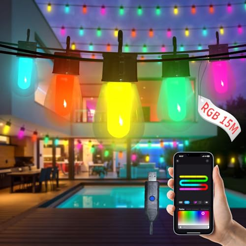 15M LED Lichterkette Außen Bunt Strom 20 RGB S14 Glühbirne,Smart App mit 99+ Modi und Timer, für Outdoor Wasserdicht Terrasse, Hinterhof, Party, Hochzeit, Garten, Balkon (USB)