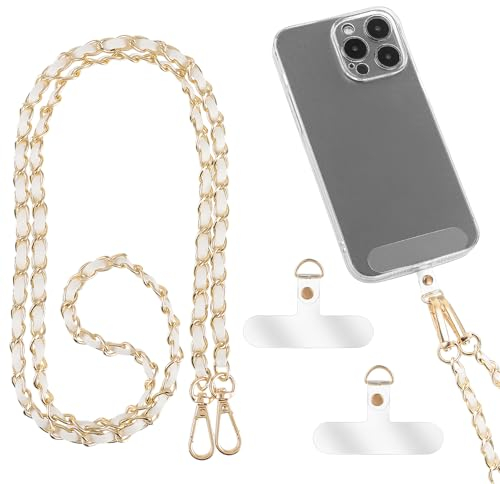 GEEHUA PU Leather Crossbody Phone Lanyard for Women, Metal Cell Phone Chain Strap Neck Phone Charm Hands Free Cellphone Neck Strap Grip Compatible With Most Smartphones(White)