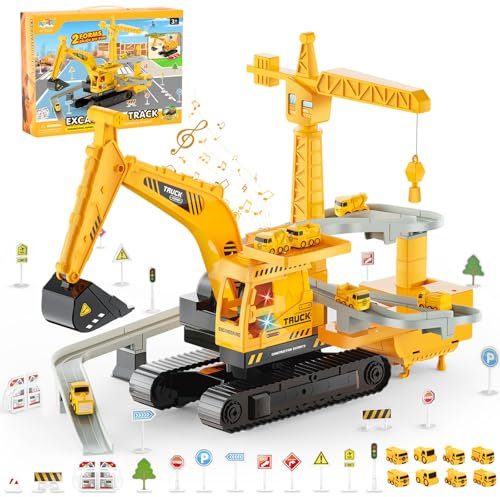 Aragallant Camion de Construction Jouet, 2 en 1 Tractopelle Enfant avec Lumières & Musique, Camion Tractopelle Set avec 8 Mini Véhicules, Panneaux de Signalisation Routière, Cadeau Enfants