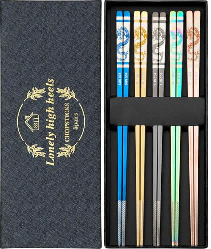 5 Paires Baguettes Réutilisables en Acier Inoxydable Baguette Chinoise Baguette Japonaise Metal Baguette Coréenne Lavables au Lave-Vaisselle Coffret Cadeau pour Cuisine Maison Restaurant
