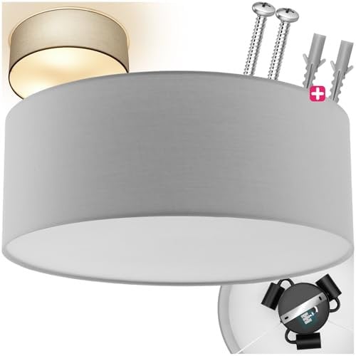 tectake® Lampe, Deckenlampe, Deckenleuchte mit Lampenschirm aus Textil, Leinenoptik, Hängelampe, Deckenlampe für Jugendzimmer, Wohnzimmer, als Küchenlampe, Esszimmerlampe oder Flur Licht - grau