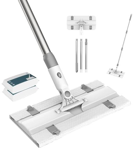 Mopa extraplana,electrostáticos Desechables para Plana, Mango Largo 128.5cm,2 Paquete electrostáticos recambios para mopa Desechables,para Hotel (Gris)