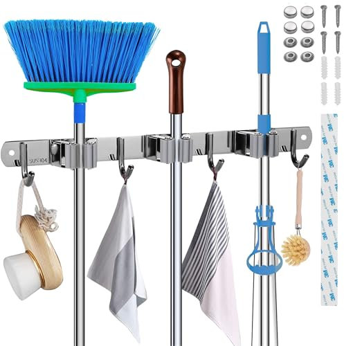 Besenhalterung Wand – 3 Halter & 4 Haken – Selbstklebend – Edelstahl – Rostfrei – Gerätehalter für Küche, Garage, Keller & Garten