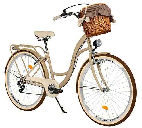 MILORD Damenfahrrad Citybike Komfort Mit Weidenkorb Hollandrad Vintage Fahrrad, 26, 28 Zoll, 7-Gang (Braun, 28 Zoll)