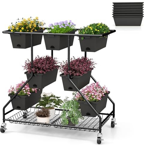 HOMASIS Huerto Elevado de 3 Niveles con Ruedas, Parterre con 7 jardineras y Rejilla metálica, Jardinera metálica con Agujeros de Drenaje, para hortalizas, Hierbas, Flores, 100x56x99cm, Negro