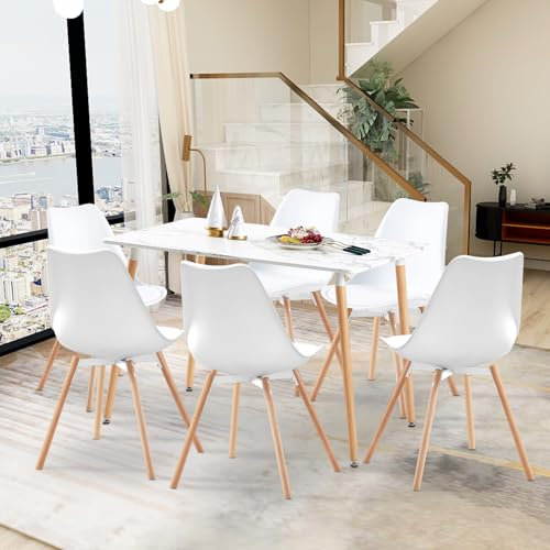 FURNITABLE Esszimmergruppe mit 6 Stühle, Rechteckig 110CM Küchentisch und 6er Set Esszimmerstühle Essgruppe für Küche Esszimmer Büro Wohnzimmer (Marmor Tisch+6 Weiß Stühlen)