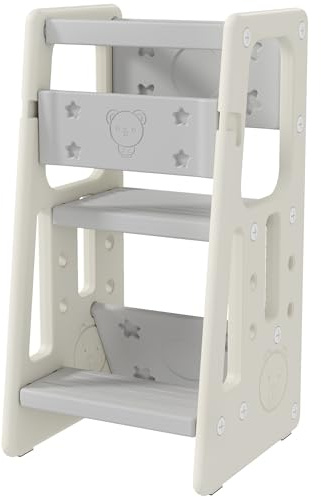 HOMCOM Montessori Lernturm Aussichtsturm für Kinder von 18 Monaten bis 5 Jahren 3-fach höhenverstellbar aus HDPE max. 65 kg Belastung 47 x 47 x 90 cm creme grau