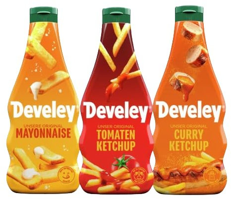 Develey - 3er Set 3x500 ml Squeeze-Flaschen im Bundle - Bundle bestehend aus Tomaten Ketchup, Curry Ketchup, Mayonnaise - Perfekt für Burger, Pommes und Hotdog