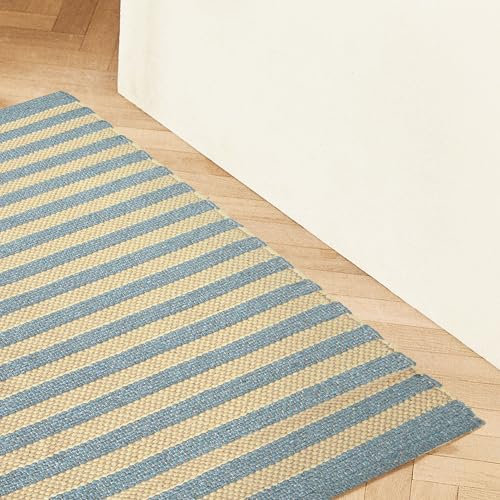 Sono a casa - Tappeto Multiuso 50x80 cm - in Misto Cotone Intrecciato – Lavabile, Morbido e Resistente – Perfetto per Ingresso, Cucina, Bagno, Camera da Letto (Azzurro e Giallo)