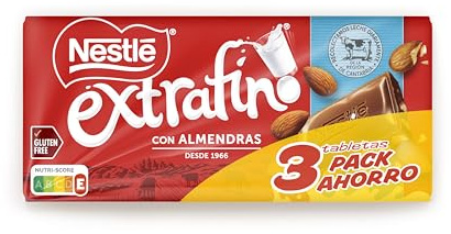 NESTLE EXTRAFINO chocolate con leche y almendras pack 3 unidades de 123g | Chocolate con leche con almendras, tableta con frutos secos y textura crujiente