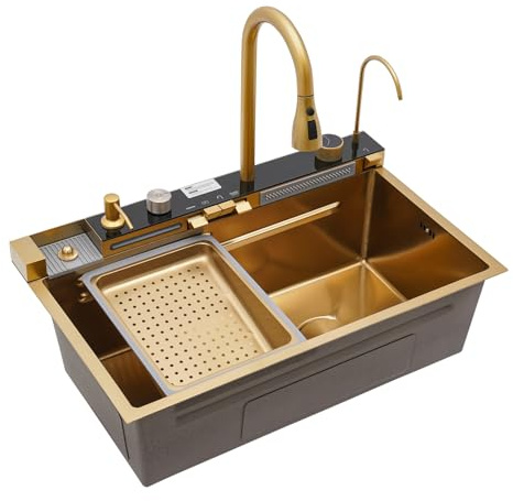 Lavello da cucina, lavandino a cascata, lavandini da cucina multifunzionali con cascata e rubinetto estraibile, lavello da incasso 1 vasca, durevole, oro (75x46x22cm)