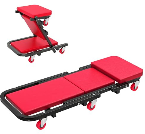 HOMCOM Planche à roulettes de Montage 2 en 1 Pliable en Z 150 kg 6 Roues | Chariot de Visite Mécanicien, Rotation à 360°, Tabouret d'Atelier, Assise Couchée, Rogue, Plateau Mecanicien Roulant