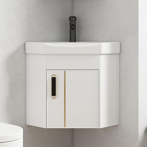 Pounjsd bathroom corner cabinets, Compact Small Wall Hung Bathroom Basin Sink, corner wall hung vanity unit, White Triangle Ceramic kitchen corner basin, Freestanding Vanity Unit with Tap, 38×38cm