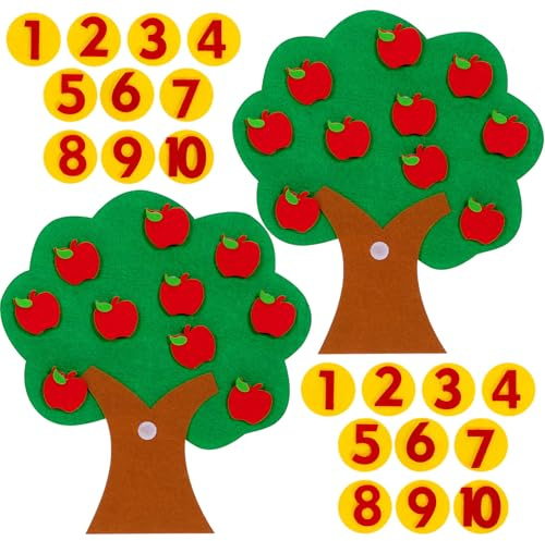 UPKOCH 2 Sets Felt Tree Number Matching Game Educational Counting Math Toy | Toddler Preschool Learning Craft Kit with 1-10 Digital Cognitive Pairing, Soft Non-Woven Fruit Trees 28x24.5cm for Kids.