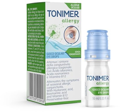 TONIMER - Allergy Gocce Oculari 10 ml – Allergie Oculari e Occhio Secco – Idratante, Lubrificante e Antiossidante – Senza Conservanti – Con Acido Ialuronico, Acido Rosmarinico e Vitamina B12