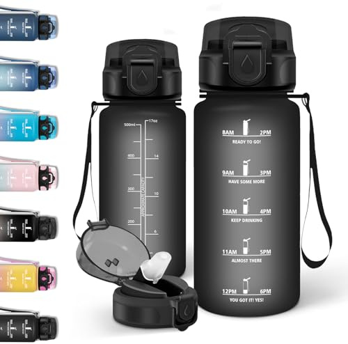 Motswedi Botella Agua 0.5l, Con Paja, Botella Agua Gimnasio, A Prueba de Fugas, Cantimplora, Botellas Motivacional con Marcador de Tiempo, Cantimplora Deporte, para Escuela, Pilates, Viajar - Negro