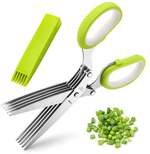 Herb Scissors, X-Chef Multipurpose 5 Blade Kitchen Herb Shears Herb Cutter with Safety Cover and Cleaning Comb for Chopping Basil Chive Parsley (Green)