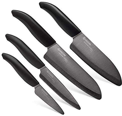 Kyocera Advanced Ceramic Revolution - Juego de cuchillos (4 piezas, incluye Santoku, 15,5 cm, utilidad de 15,5 cm, mango negro de 3 pulgadas)