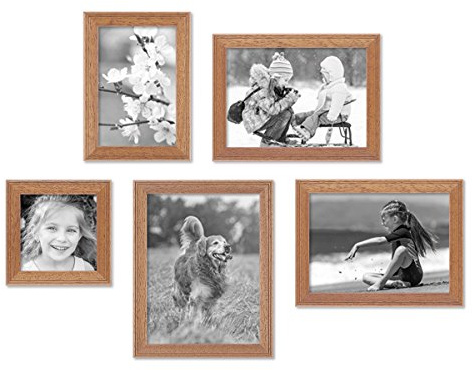 PHOTOLINI Bilderrahmen-Set Holz Eiche-Optik Landhaus-Stil, 5er Set Holz-Rahmen, Made in Germany, Echtglas, zum Aufhängen, mit Zubehör - perfekt für Familienfotos & Urlaubsbilder