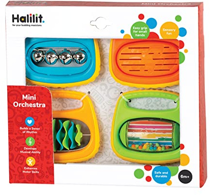 Halilit Mini Orchestra Baby Gift Set. Includes 4 Colourful Musical Instruments My Bell, Tambaring, Clip Clap and Rock ‘n’ Roll Rattle, Suitable for Boys & Girls from 6 months +