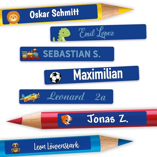 Sunnywall® Namensaufkleber Kinder – Stifteaufkleber personalisiert für Schule & Kita, ideal für Stifte & Schulsachen, wasserfest & spülmaschinenfest, starker Halt (Dunkelblau)