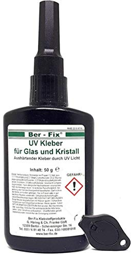 Ber-Fix Pegamento UV con lámpara, juego de pegamento para vidrio y cristal, metal, 50 g, gel, 2500 mPas, compensa incluso pequeñas irregularidades con linterna UV 1