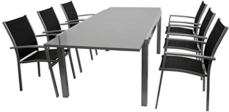 DEGAMO Gartengarnitur Marina 7-teilig, 6X Stapelsessel aus Aluminium Silbergrau und gepolstertem Textilgewebe in schwarz sowie 1x Ausziehtisch Aluminium + Glas 180/240x100cm, Silbergrau
