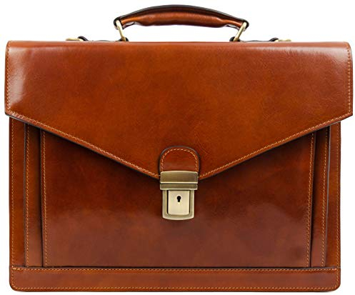 Time Resistance Aktentasche für Herren, 100% Leder – handgefertigt in Italien – Arbeitstasche – Laptoptasche – Businesstasche – stylische Umhängetasche (Cognac Braun)