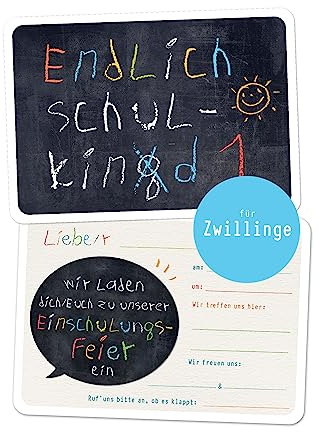 almira Design 10x Einladungskarten Einschulung für ZWILLINGE - Schulking äh Schulkind, Einladungen Schulanfang, Schule, Einschulung