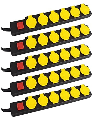 5x Stagecaptain OPSS-6 YE 6-fach Outdoor-Steckdosenleiste im Set - 230 V / 16 A - Fremdkörper- und spritzwassergeschützt nach Schutzklasse IP44 - Ideal für Garten & Heimwerker - Mit Schalter & Deckeln