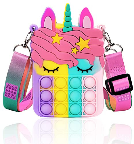 Accevo Einhorn Pop It Tasche, 2 in 1 - Fidget Toys - Taschen Umhängetasche mit Längenverstellbarem Tragegurt, Pop It Einhorn Tasche für Erwachsene Kinder