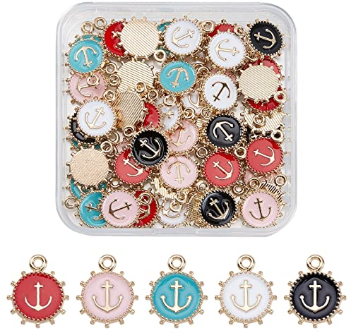 SUPERFINDINGS 50 Stück 5 Farbige Legierungs Emaille Anhänger Flach Rund Mit Anker Legierungs Anhängern Hellgold Emaille Charms Anhänger Für Die DIY Schmuckherstellung