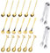 Juego de 20 cucharas de acero inoxidable con diseño de flores doradas, cucharillas de té y café creativas con mini pinzas de azúcar, cucharas de postre, para remover helados y bebidas