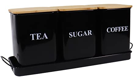 Xbopetda Tea Coffee Sugar Canisters, Canister Set of 3, Metal Storage Tin for Coffee, Sugar & Tea - Kitchen Storage Jars with Wooden Lid & Metal Tray, Coffee Tea Sugar Set - Black