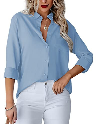 Homlan - Camicia da Donna con Scollo a V, a Maniche Lunghe, Elegante e Casual, con Bottoni, in Tinta Unita e con Tasca sul Petto, Azzurro, S