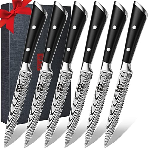 SHAN ZU Steakmesser Set 6-teilig, 13 cm Küchen Steakbesteck Messer set aus Deutscher Carbon Edelstahl, Scharfe Gezahnte Pizzamesser und Ergonomischem Griff Steak Messer, mit Premium-Geschenkbox