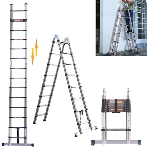 5M Telescopic Ladder with Stabiliser Bar, 2.5M+2.5M A-Frame Multi-Purpose Anti-Slip Folding Telescoping Ladder, Portable Extension Ladder Loft Ladders Collapsible Ladder 330lb Capacity (5m/16.4FT)