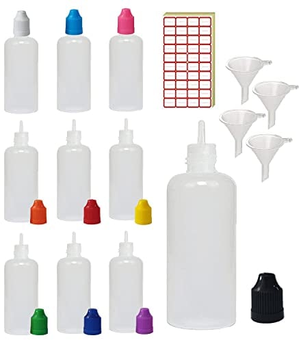 XIAONAN 10 Pack x 120ml LDPE Plastic Liquid Water Squeezable Eye Dropper Empty Bottles (Bottles + Mixed Colour Caps + Tips + Funnel + Label)