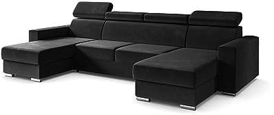 ALTDECOR Ecksofa in U-Form mit Schlaffunktion und Bettkasten mit Gasdruckfeder, Polstercouch Wohnlandschaft rückenecht gepolstert, ideal als Gästebett - FIX - 306x168 cm Schwarz