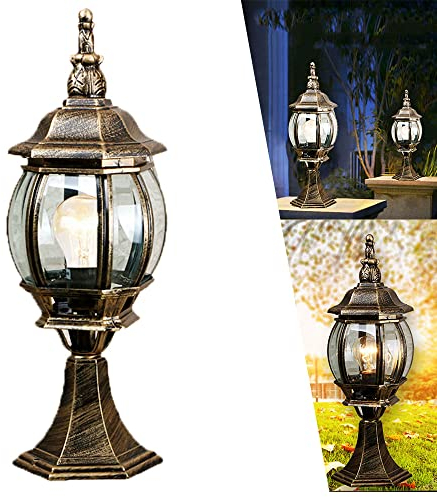 Sockelleuchte Außen in Gold Antik Aluminium Glas E27 IP44 wetterfeste Außenlampe stehend Garten Pollerleuchten Wege Aussen Metall Rustikal Wegeleuchten Lampenschirm Terrasse Hof Terrasse Pathway