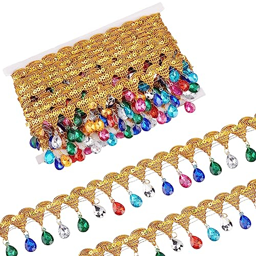 FINGERINSPIRE 9 m X 48.5 mm Hängende Perlen Fringe Spitze Gold Pailletten Band mit bunten Strass Fringe Trim Polyester Nähen Fringe Quaste Trim durch den Hof für Heimwerker Handwerk